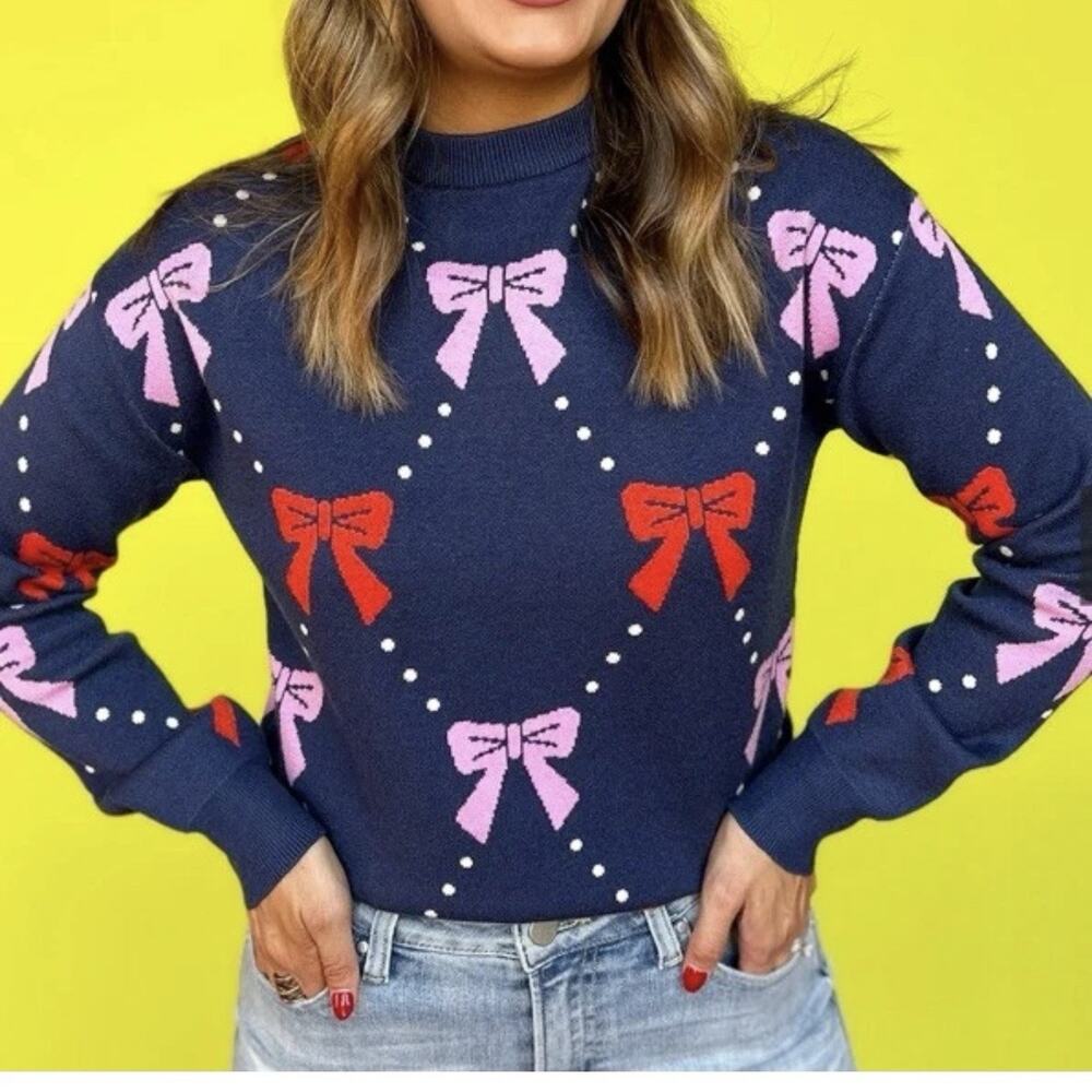 THML Women’s M ‘Ginny’ Knit Bow Pullover Sweater Navy Crew Neck Long‎ Sleeve EUC
